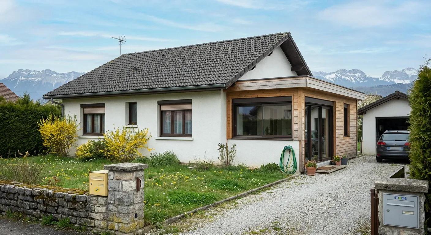 Maison basse avec extension vitrée latérale Maison de plain-pied au toit sombre avec volume vitré latéral et pelouse devant la façade.