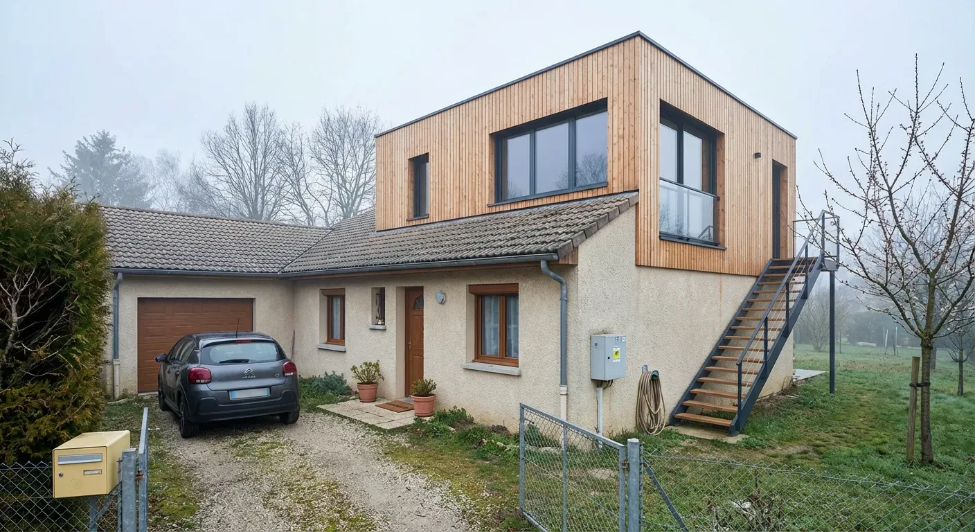 Volume en bois au-dessus d'une maison Maison claire avec volume haut en bardage bois, grande fenêtre et escalier extérieur.