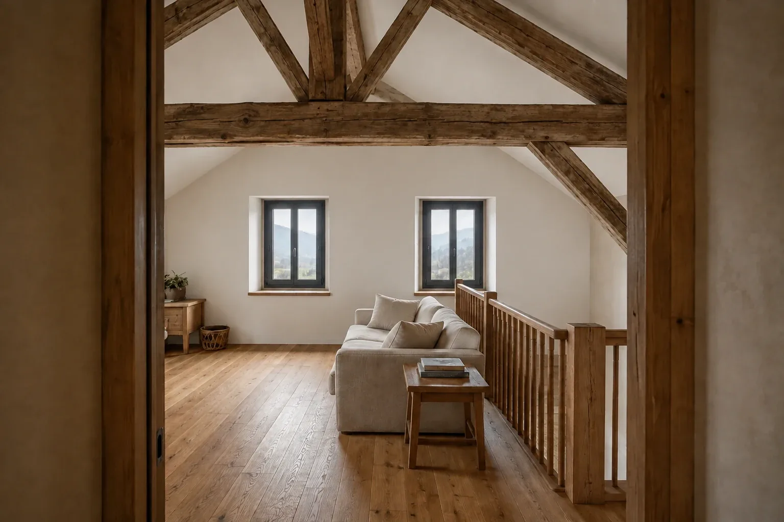 Pièce en hauteur avec canapé, parquet, garde-corps et charpente ancienne apparente.