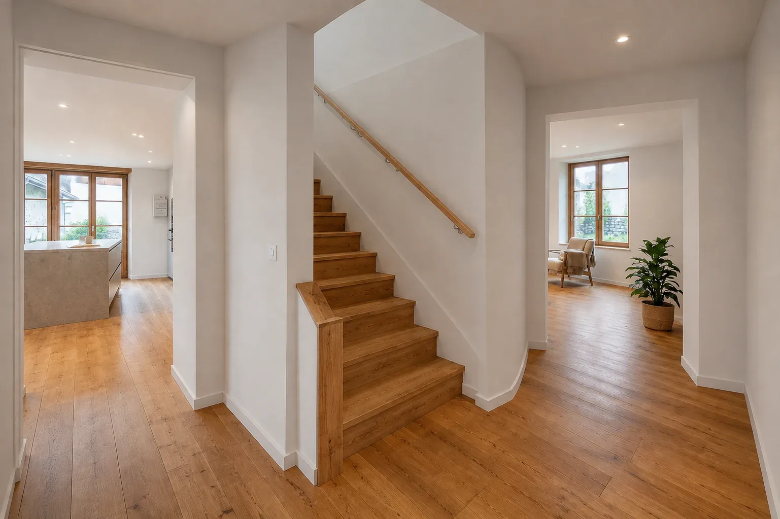Escalier en bois dans une entrée claire Escalier droit en bois dans une entrée blanche ouvrant sur deux pièces avec parquet.