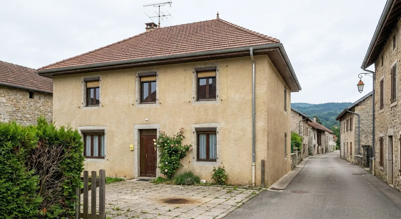 Avant : Maison à étage aux murs jaunis et volets sombres, bordée d'une petite ruelle.
