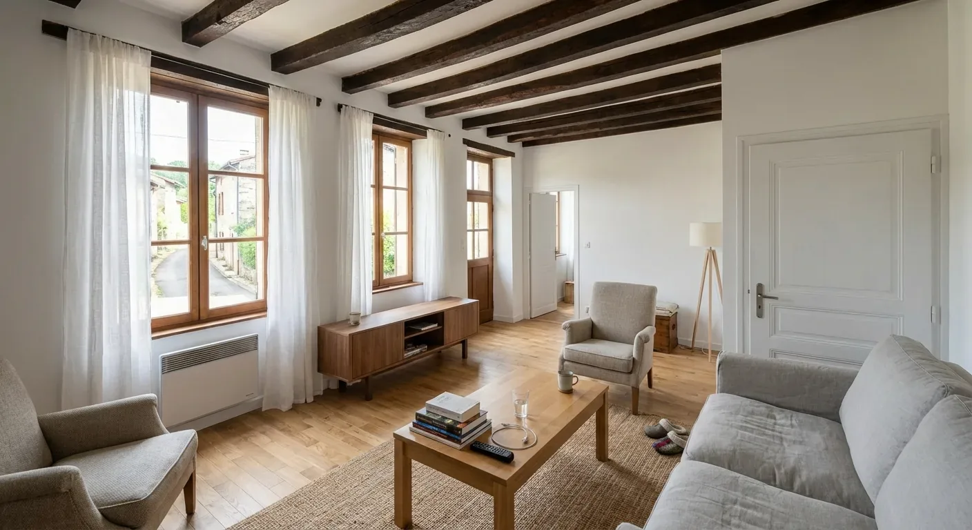 Après / projet : Séjour avec parquet, canapés gris, table basse et poutres sombres au plafond.