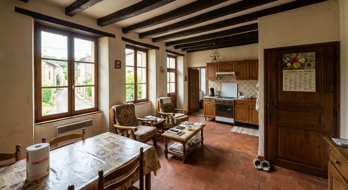 Avant : Pièce meublée avec table, fauteuil, poutres sombres et cuisine ancienne au fond.