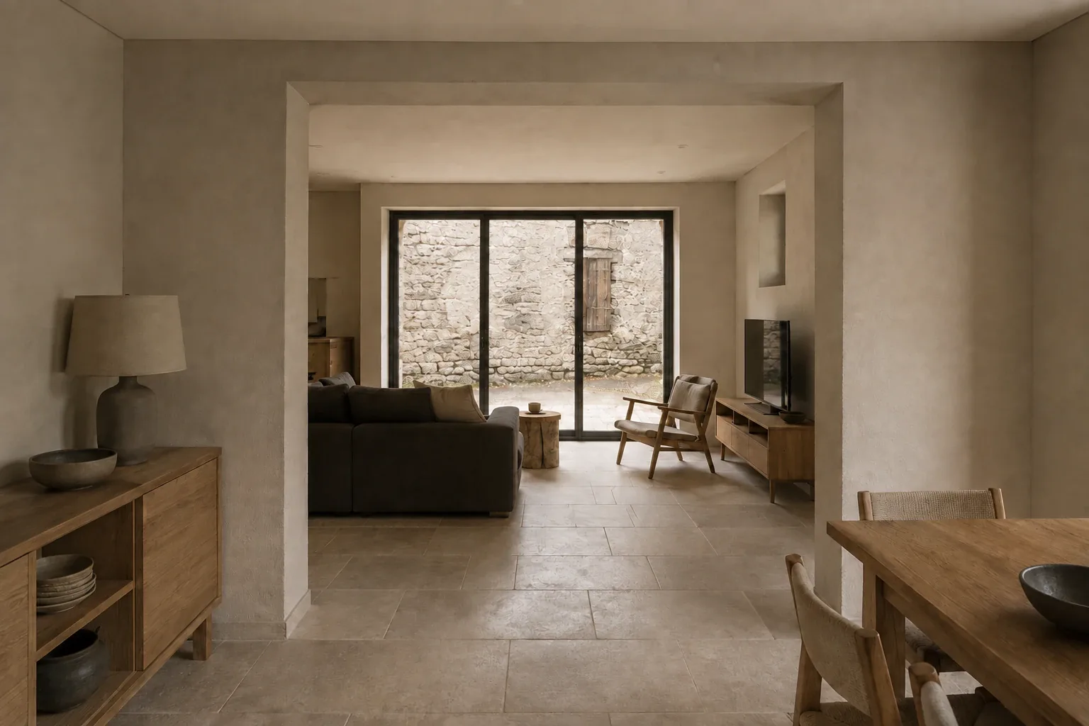 Salle à manger ouverte sur un salon avec grande baie vitrée et murs clairs.