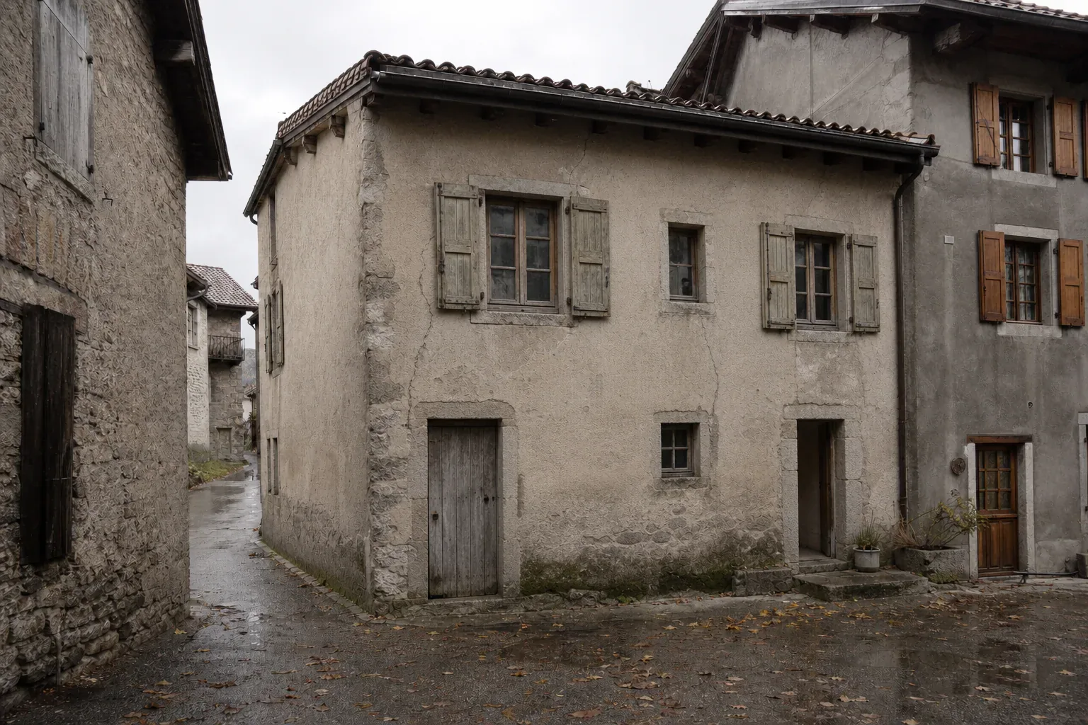 Avant : Petite maison de village à enduit dégradé, volets fermés et portes en bois.