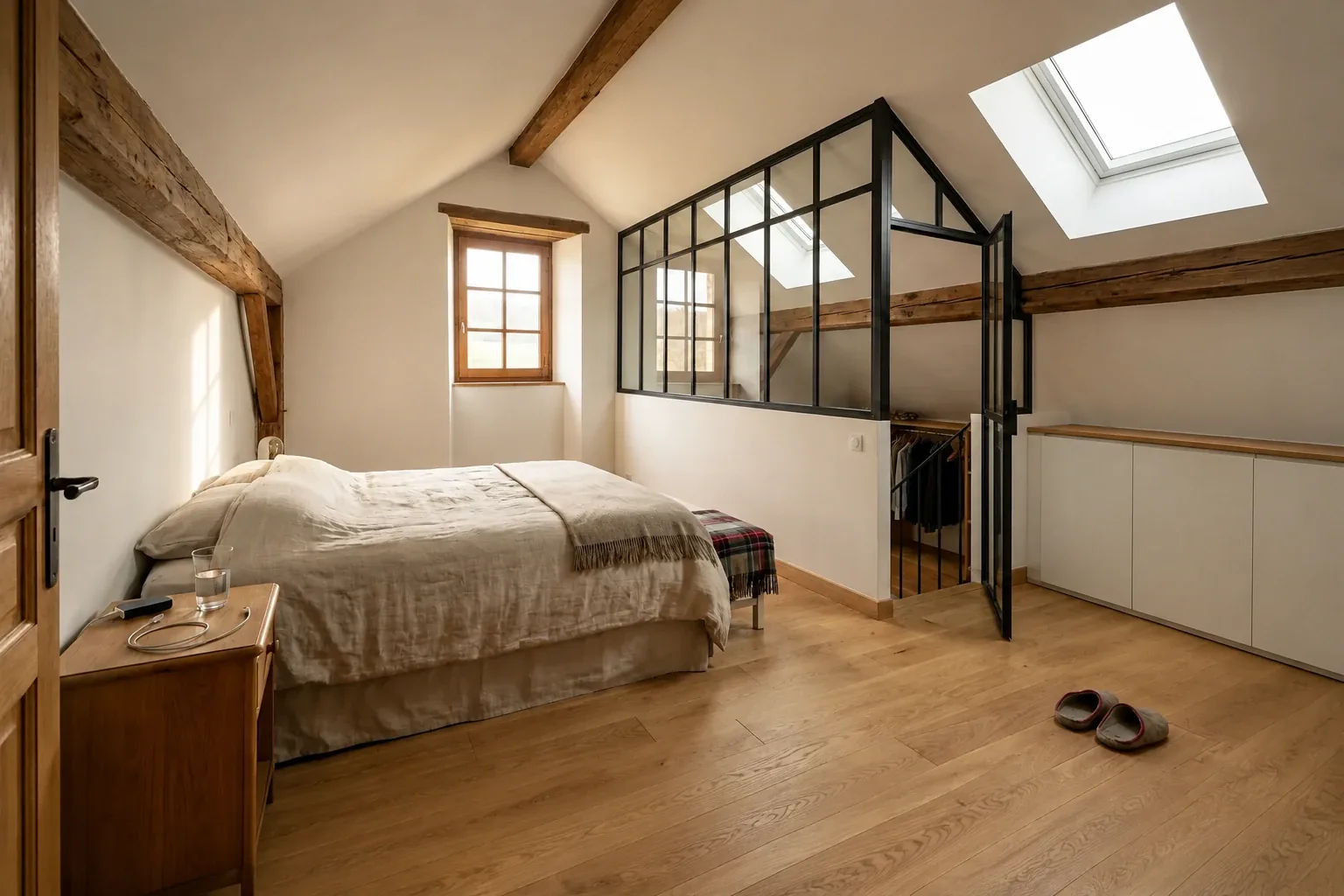 Chambre mansardée avec verrière intérieure Chambre sous toiture avec lit double, parquet et cloison vitrée noire.