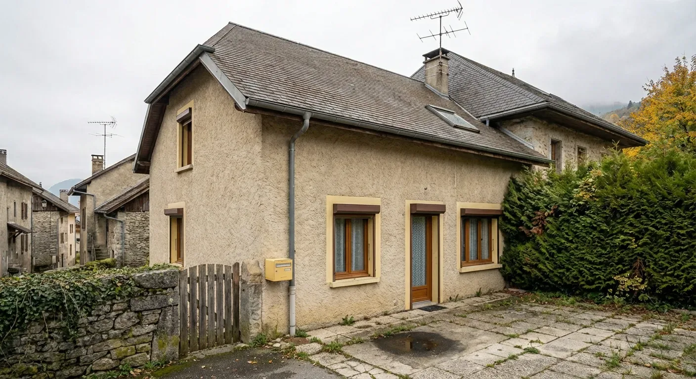 Avant : Maison à étage à façade beige, toiture grise et cour pavée bordée d'un muret.