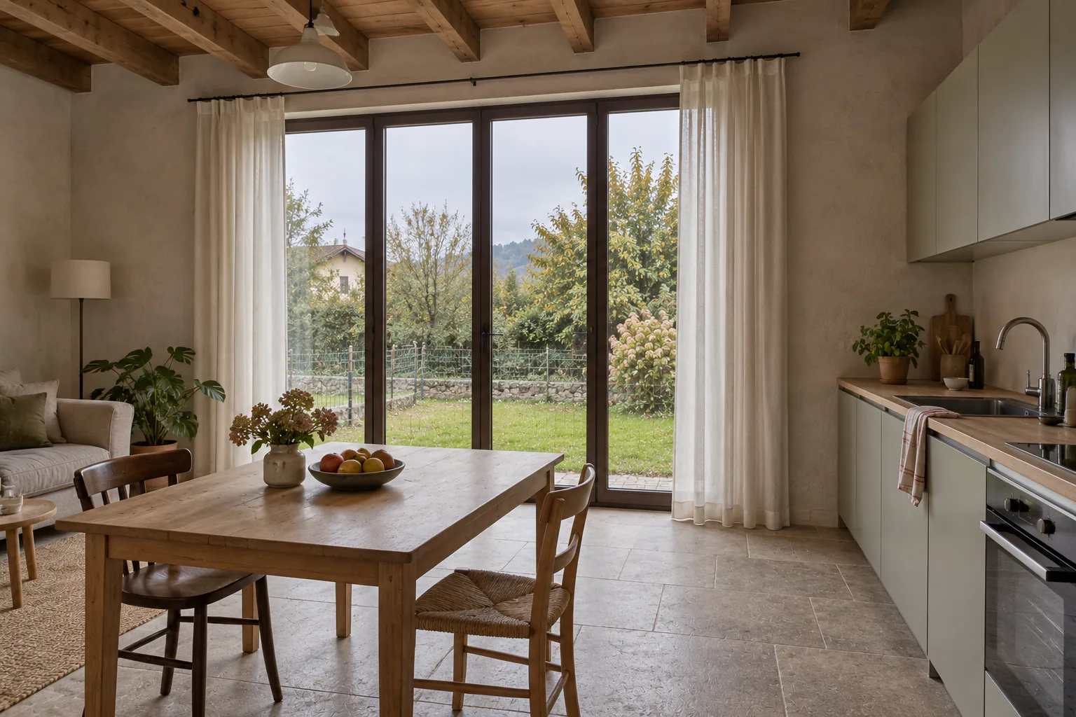Cuisine et table ouvertes sur le jardin Table en bois devant une baie vitrée, cuisine latérale et poutres apparentes au plafond.