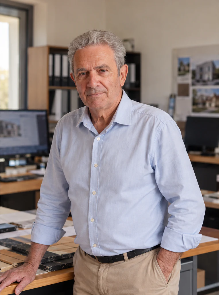 Michel Tourneux, fondateur du Cabinet CEB et grand-père de Vincent, en chemise bleu clair, debout près d'une table dans un bureau.