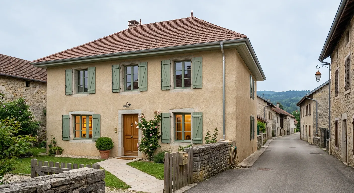 Après / projet : Maison à étage aux volets verts avec entrée sur jardin et ruelle latérale.
