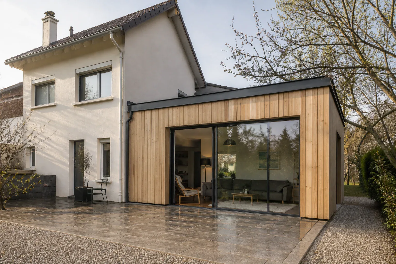 Extension bois vitrée sur terrasse humide Extension en bardage bois avec grande baie vitrée, accolée à une maison et ouverte sur une terrasse.