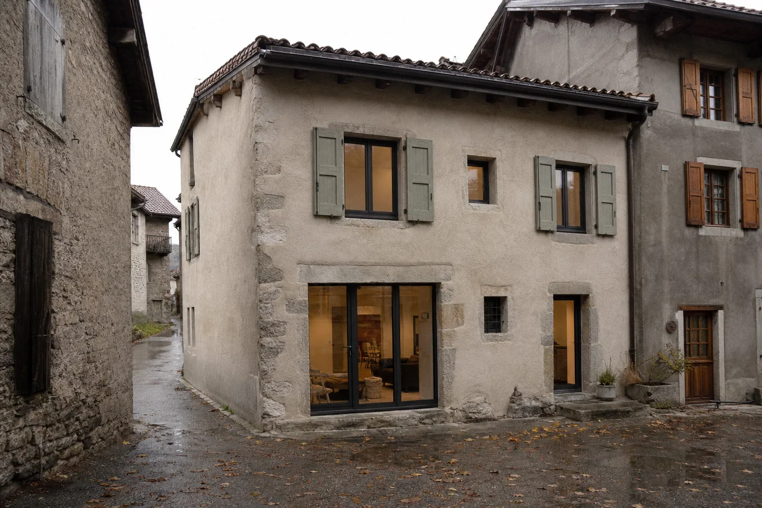 Maison de village avec baie au rez-de-chaussée Petite maison enduite avec volets en bois et grande baie vitrée au rez-de-chaussée.