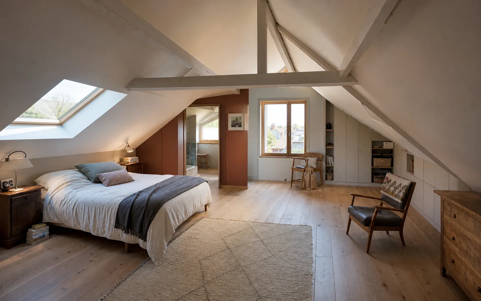 Chambre mansardée avec fenêtres de toit Chambre claire sous les combles avec lit double, poutres et plusieurs ouvertures en toiture.