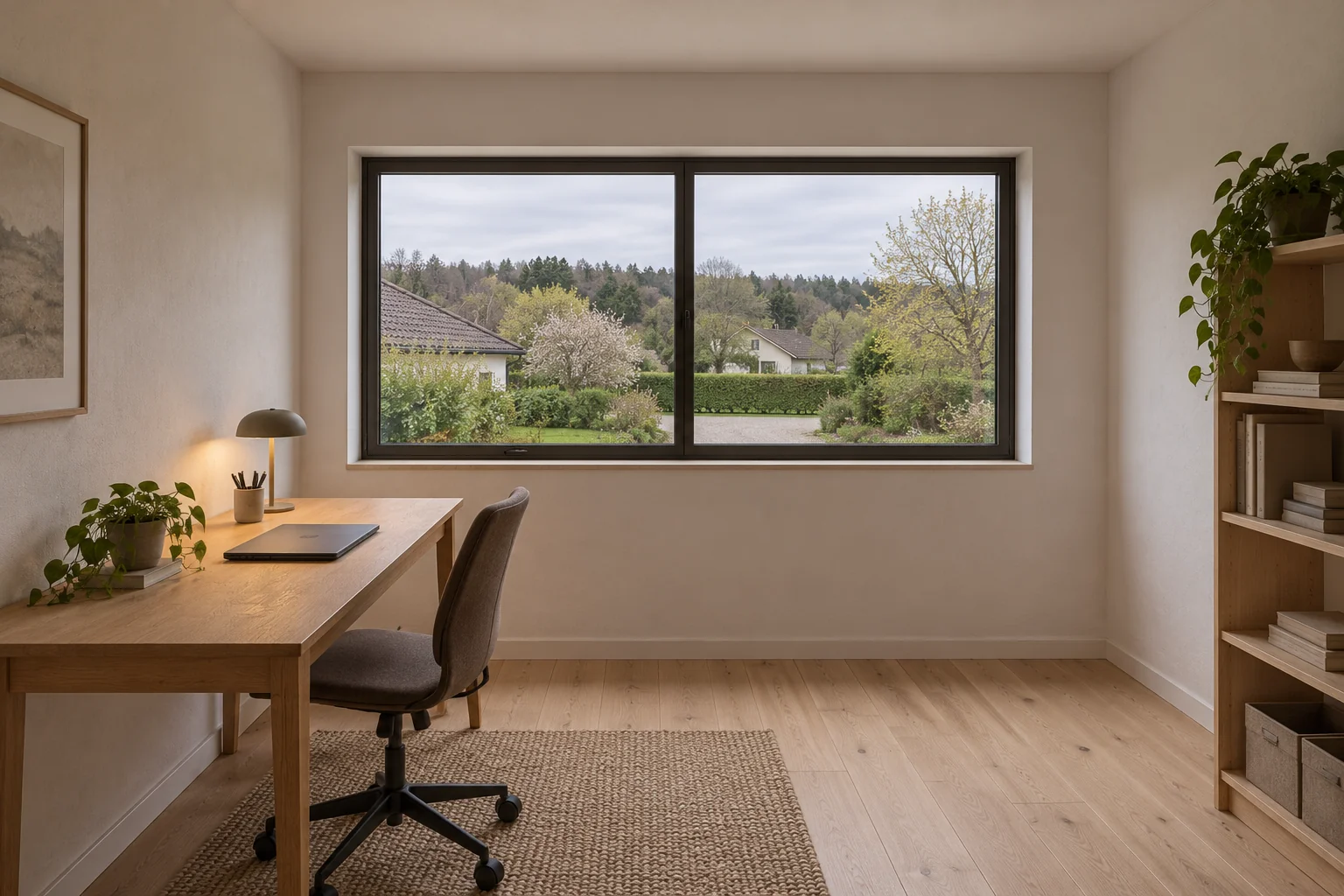 Thoiry — intérieur du bureau et de sa fenêtre à deux vitrages Un bureau sobre avec parquet et une fenêtre horizontale à deux vitrages ouvrant sur les jardins du quartier.