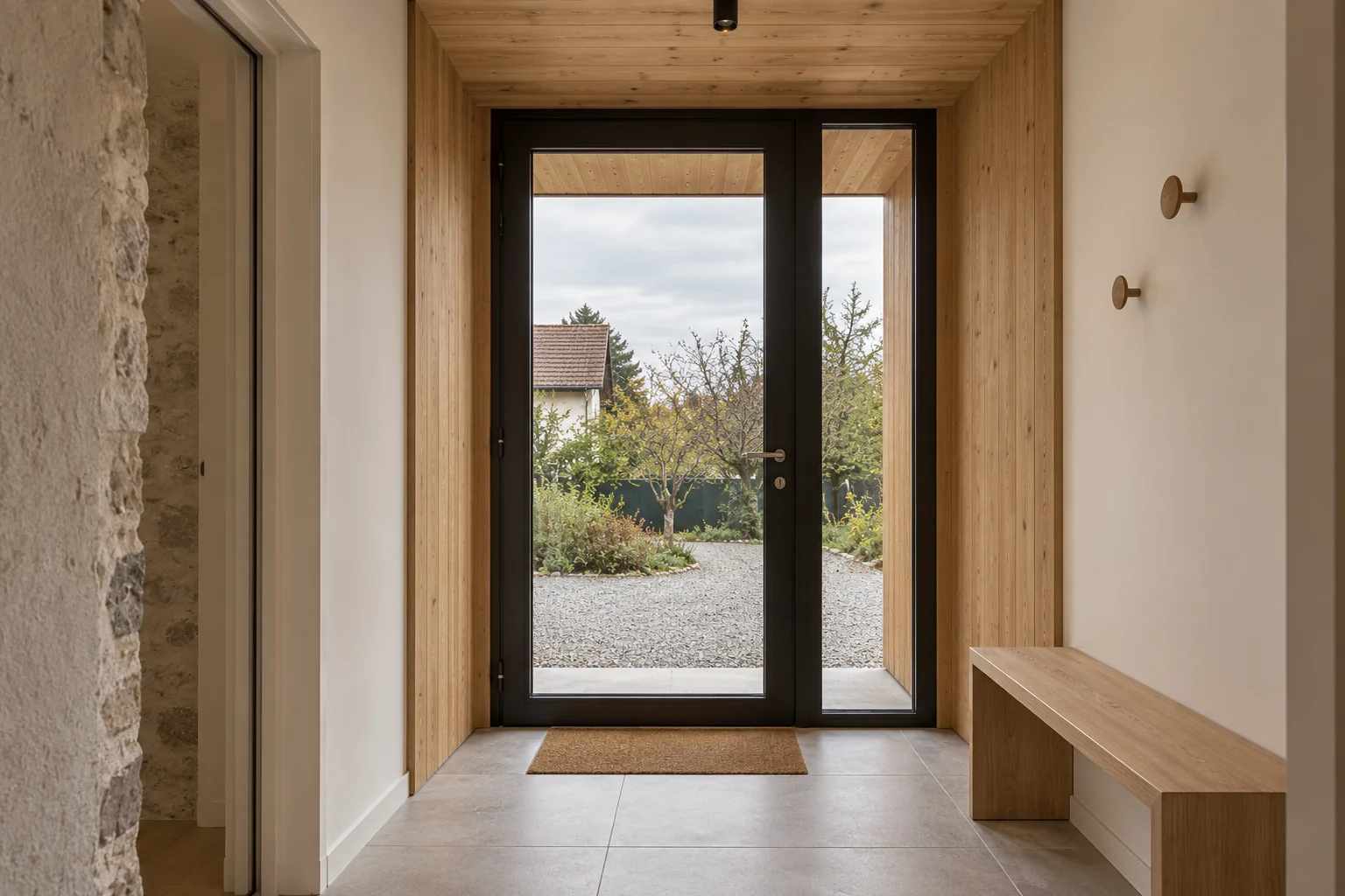 Un petit sas d’entrée à plafond horizontal en bois, porte vitrée et vitrage latéral étroit, avec un banc simple.