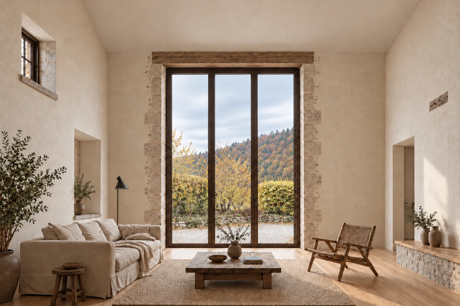 Présilly — toiture isolée et linteau court Salon de grange avec grande hauteur, toiture intérieure isolée sous parement clair et trois vitrages hauts rectangulaires sous un linteau limité à la baie.