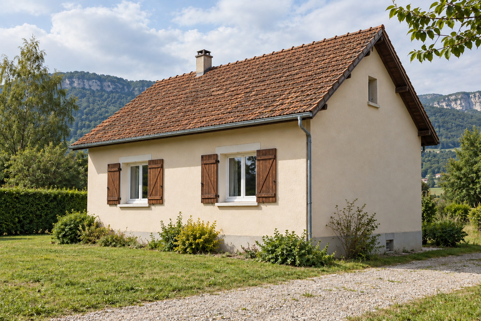 Maison sable vue de trois quarts, deux baies à volets bruns, toit deux pans sans fenêtre de toit, jardin et arbres stables.