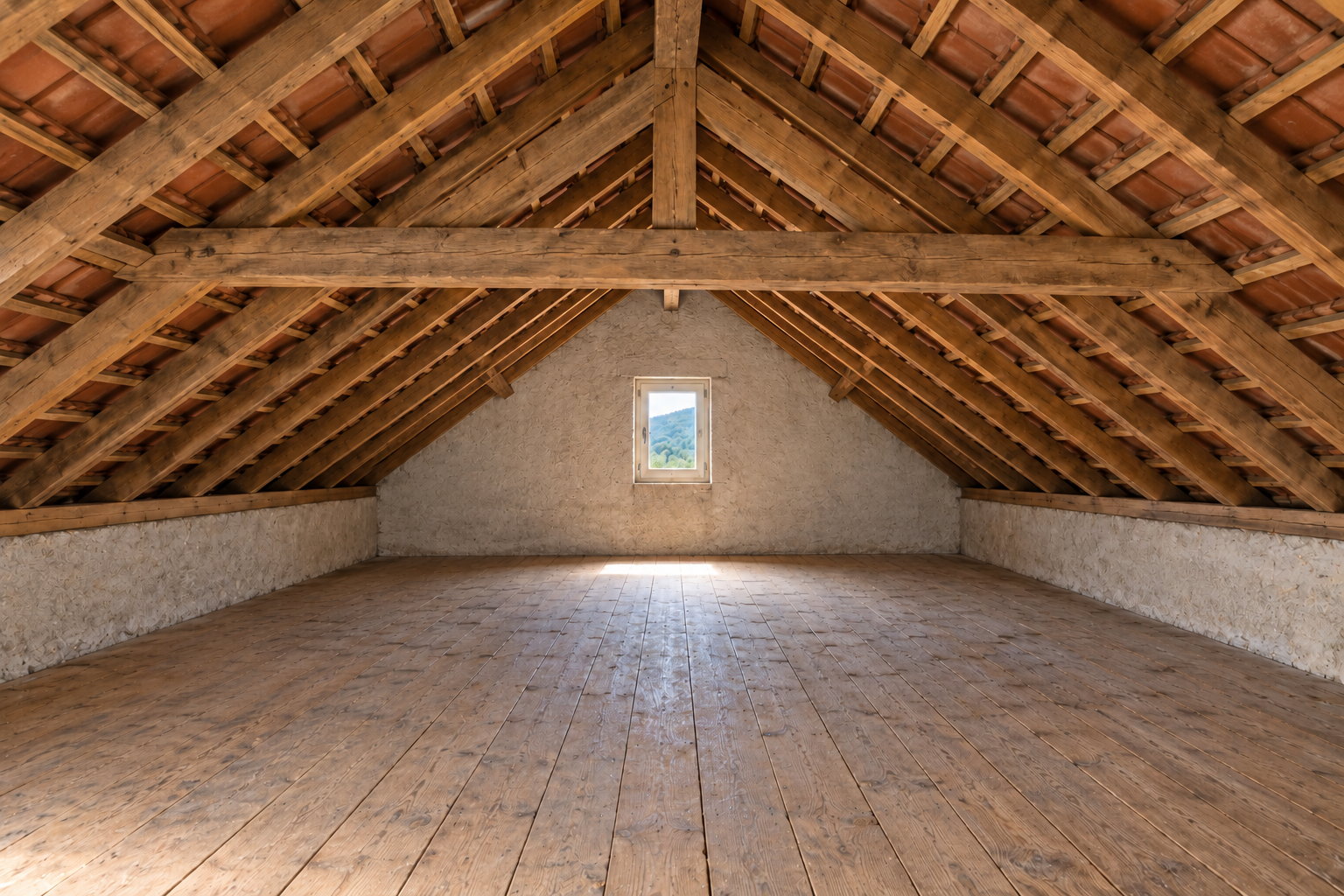 Grenier vide avec plancher bois, charpente traditionnelle et unique petite fenêtre au pignon du fond.