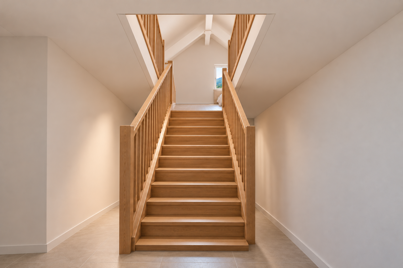 Escalier droit en bois depuis le sol carrelé inférieur jusqu’au palier des combles, avec plafond blanc continu de part et d’autre d’une trémie rectangulaire étroite.