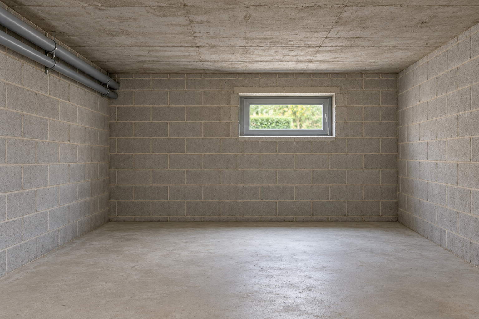 Sous-sol vide aux murs en agglos, dalle béton au plafond, petite fenêtre métallique au mur du fond et deux conduites grises en haut du mur gauche.