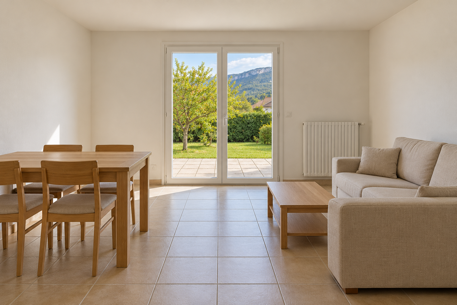 Séjour avant travaux avec carrelage beige, table en bois et quatre chaises à gauche, canapé beige à droite et porte-fenêtre au fond.