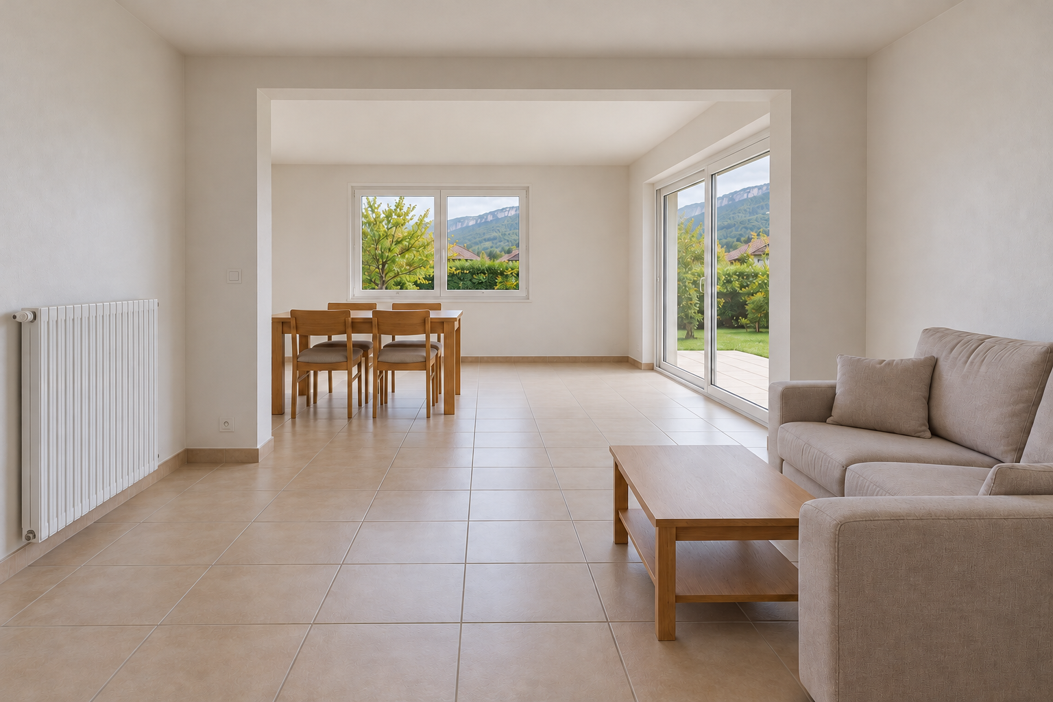 Séjour après ouverture vers le coin repas, fenêtre au fond, grande baie à droite, table et chaises déplacées et canapé conservé au premier plan.