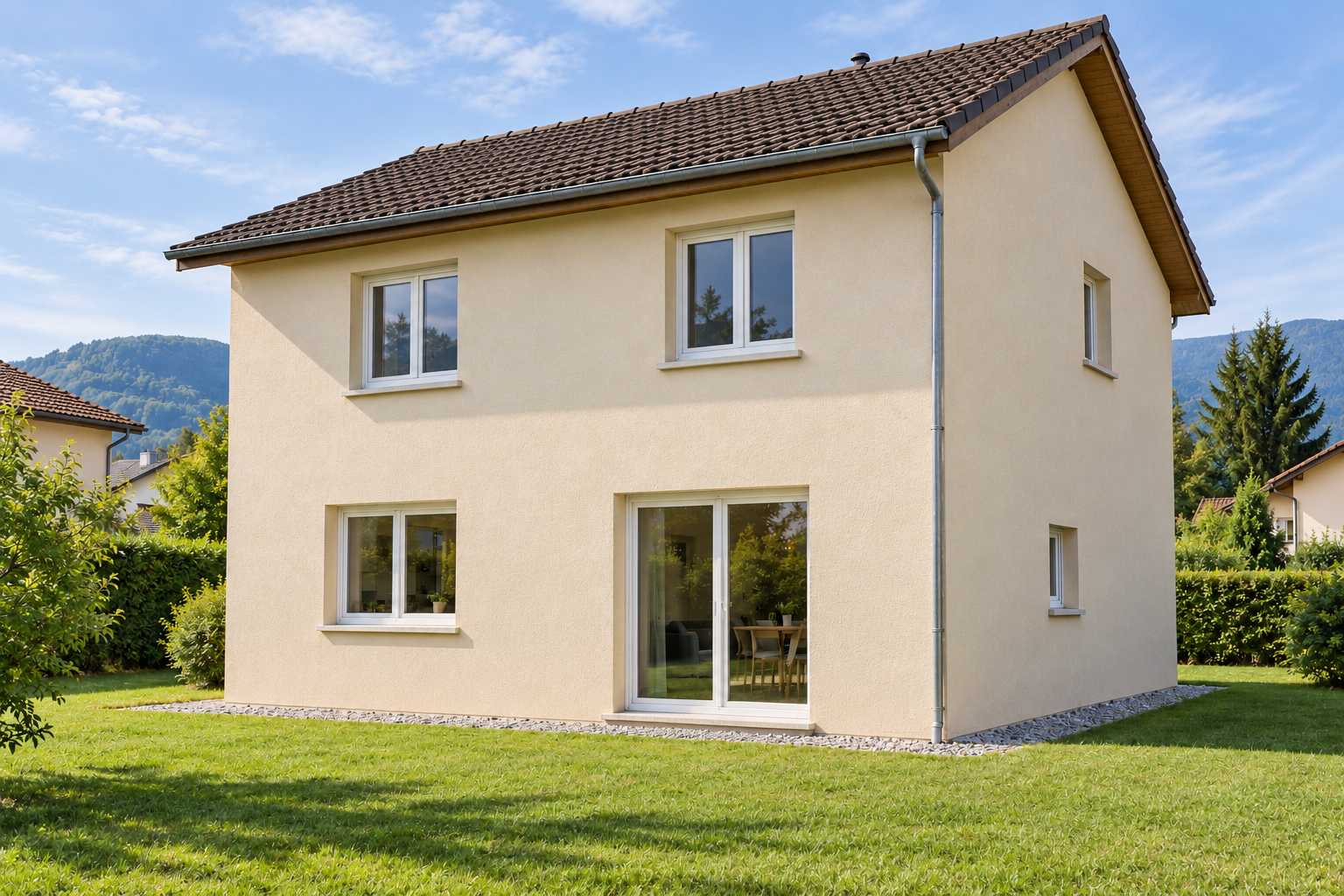 Maison crème à étage et toit brun, quatre baies sud et deux au pignon, pelouse et haies sous ciel bleu.