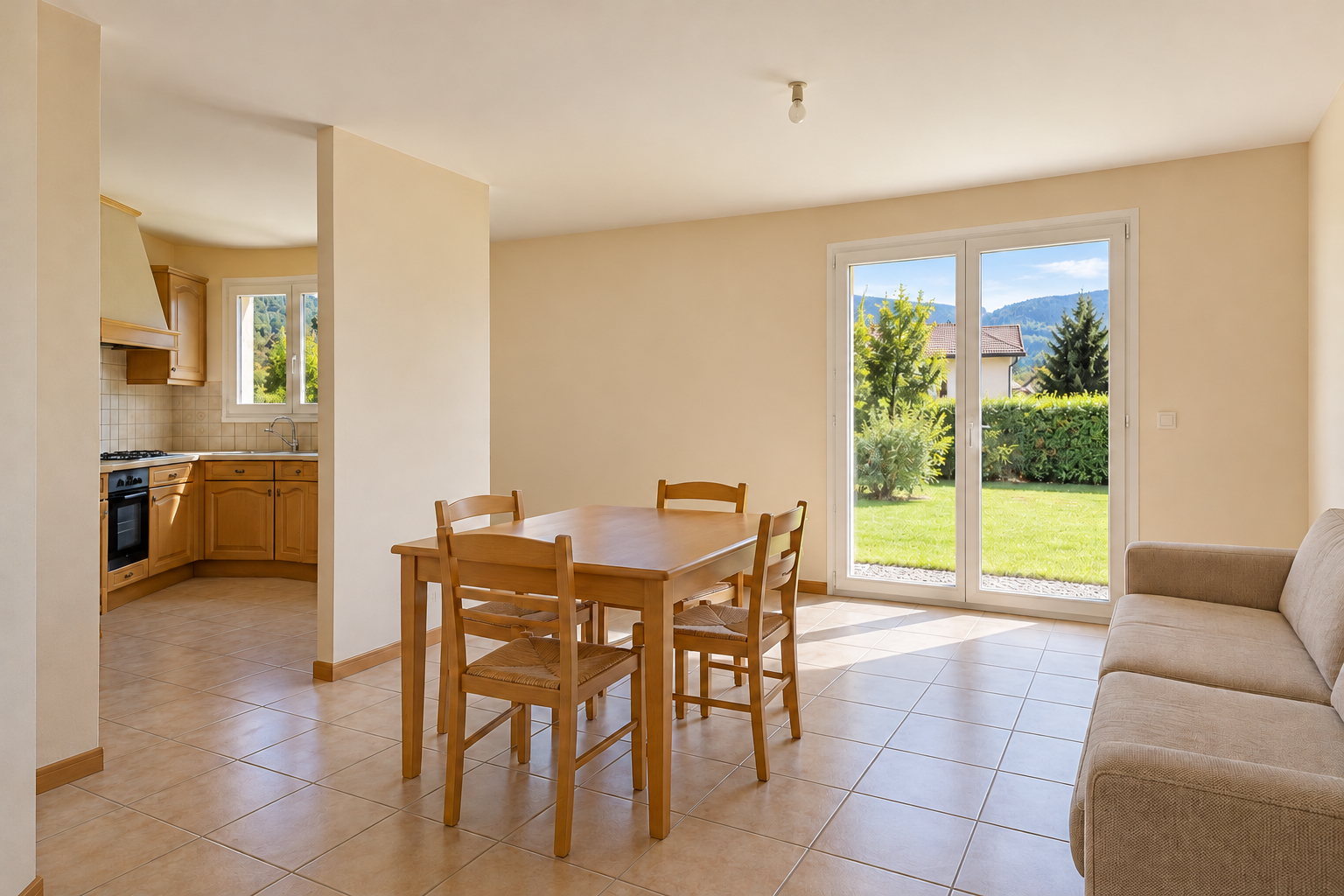 Séjour propre au carrelage beige avec table quatre chaises, canapé beige et cuisine bois cachée par cloison.