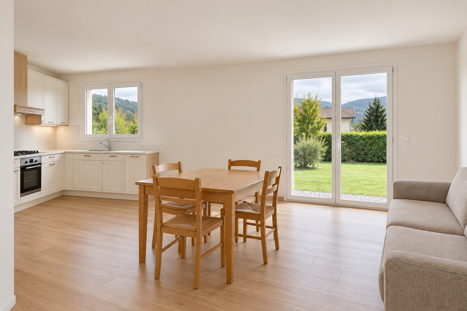 Pièce ouverte claire, cuisine en L blanc cassé et chêne, parquet continu, table quatre chaises et canapé beige.