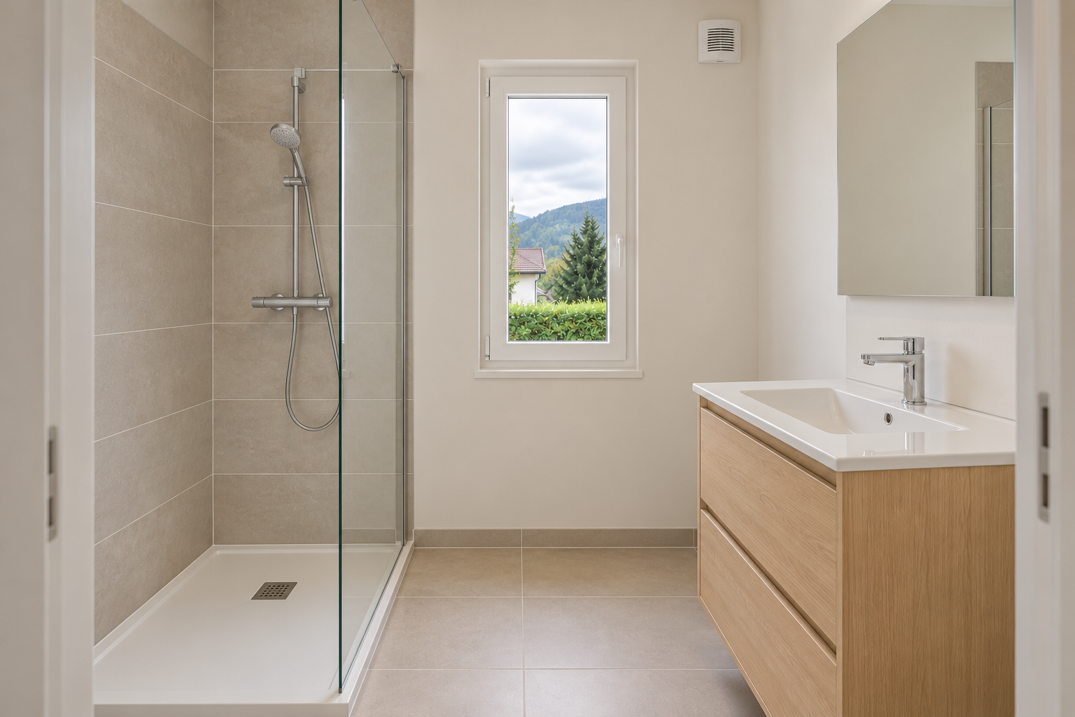 Salle d’eau claire avec douche vitrée à gauche, fenêtre centrale, vasque bois à droite et miroir reflétant mur et douche.